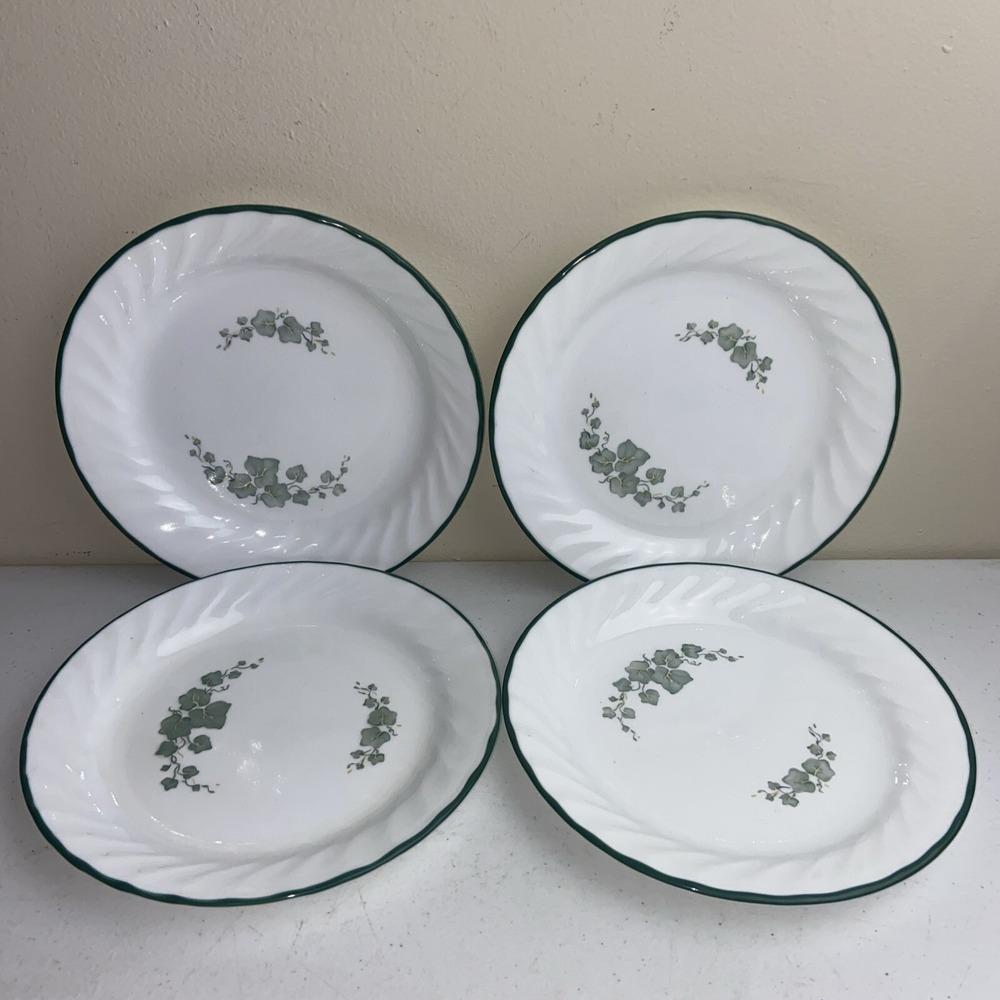 Corelle CALLAWAY IVY Bread Dessert Plates Green Rim Vines Swirl 7" White set 4